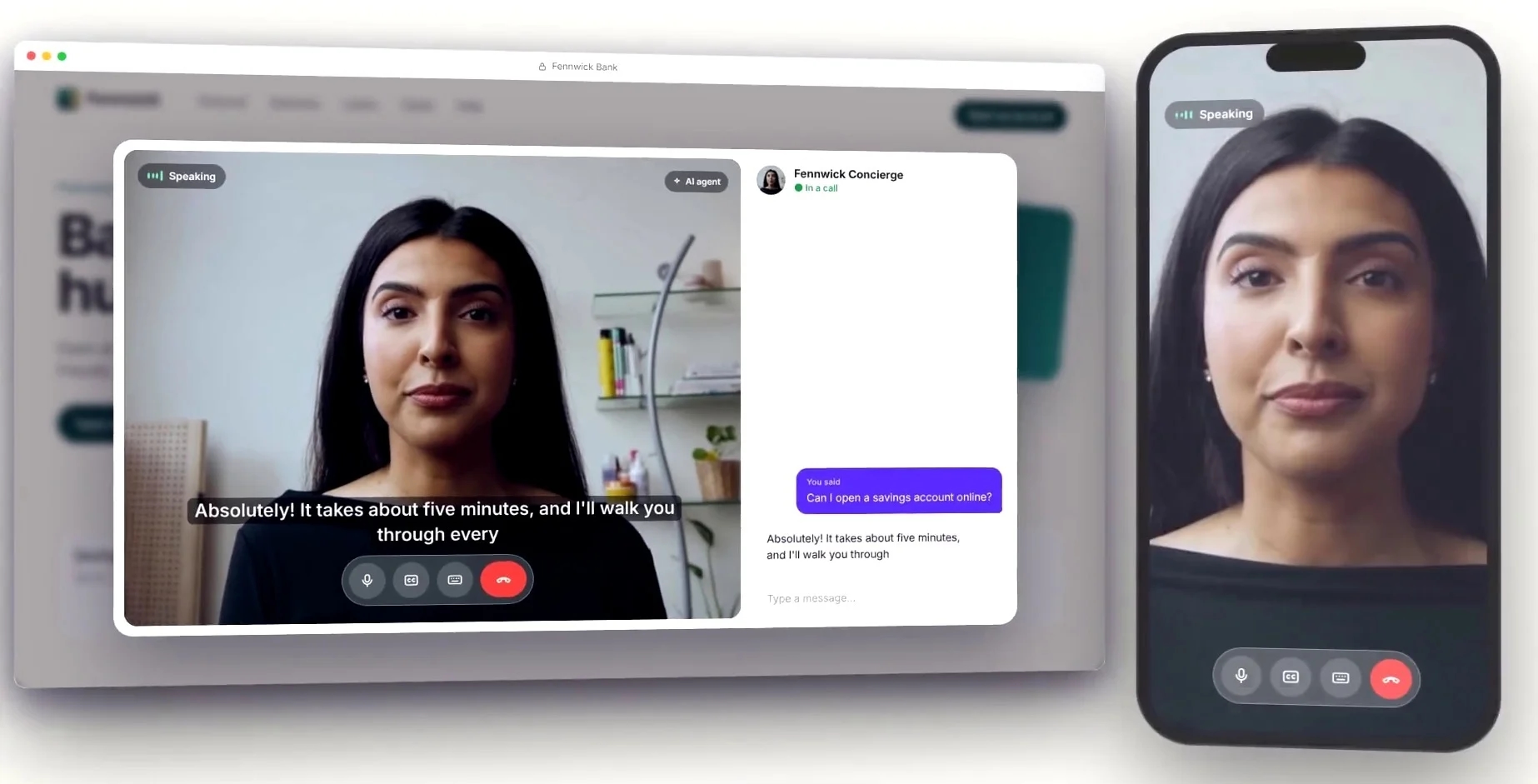Avatar Agent video call with a speaking agent, live captions and a chat panel
