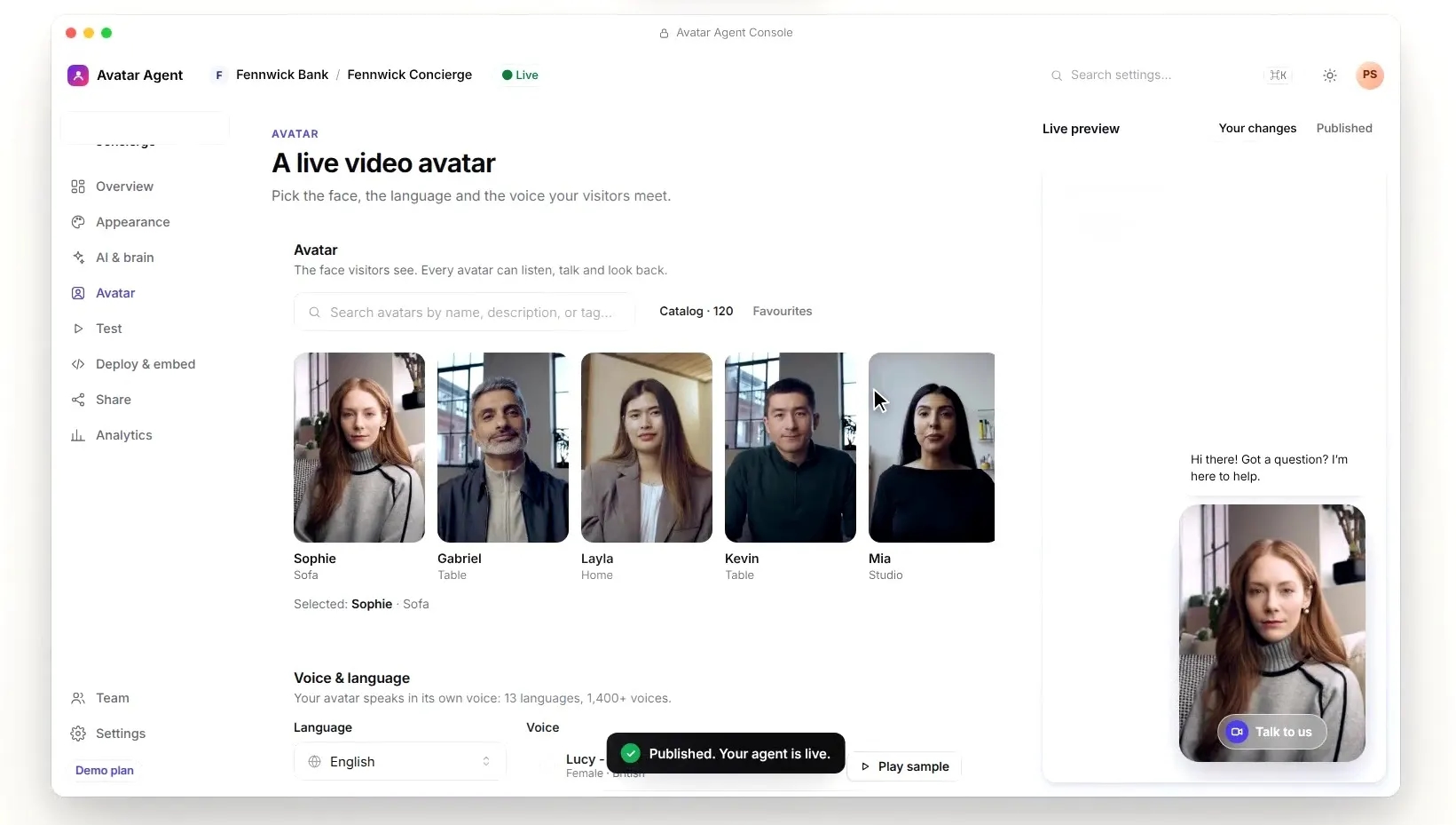 Avatar Agent console with a catalog of video avatars, voice and language settings and a live preview
