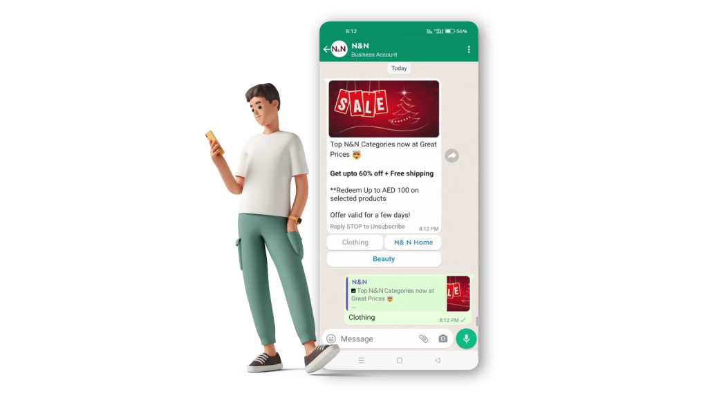 Promotional message and abandoned cart alert being sent to the customer on a messaging platform.