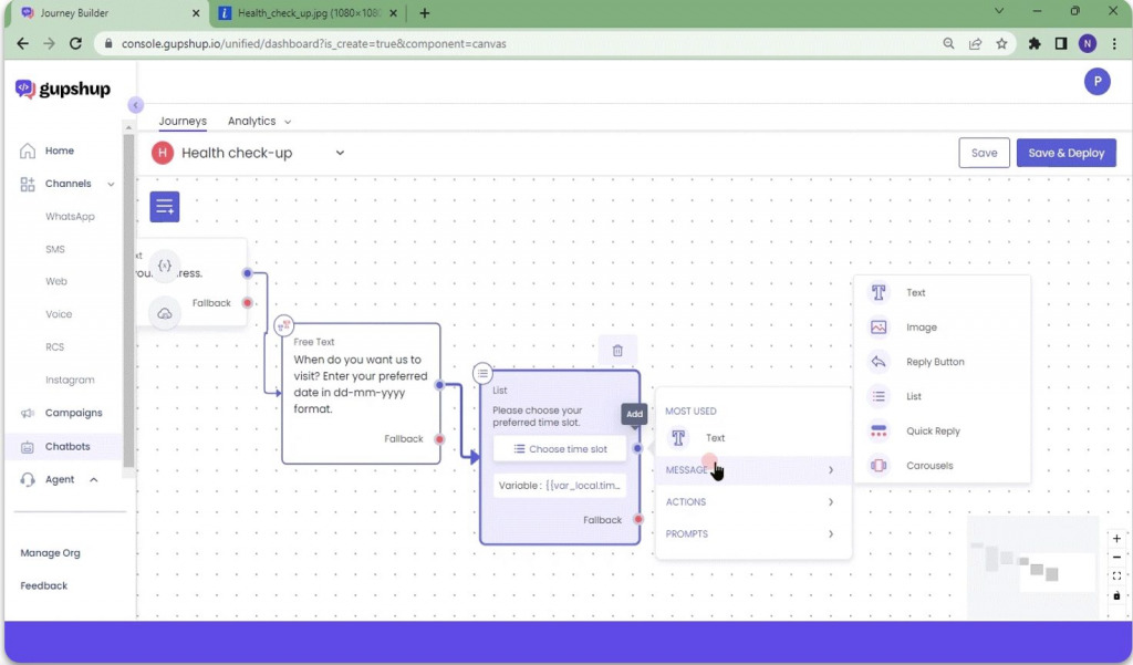 A snapshot of Gupshup's bot studio which builds and deploy no-code chatbots.