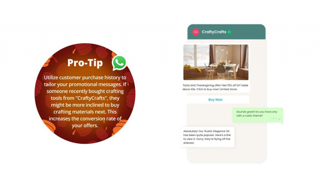 WhatsApp automation message offering a Thanksgiving DIY table decor discount.