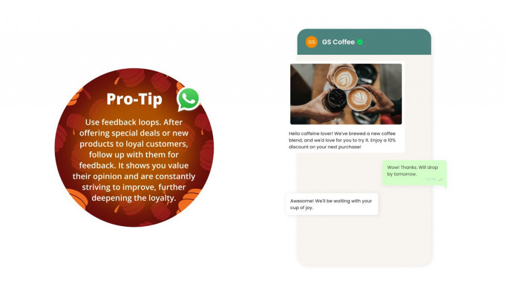 BeanBrewed's loyalty message on WhatsApp offering a special coffee discount.