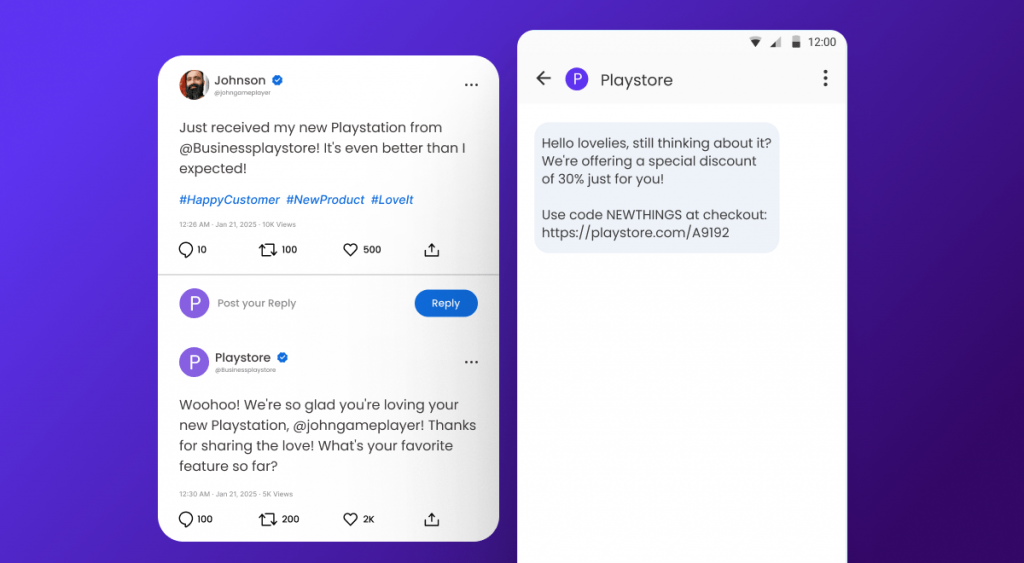 Image showing a Twitter conversation where a customer expresses satisfaction with their new Playstation from @Businessplaystore, followed by a reply from Playstore. On the right, a Playstore promotional message offering a discount code.