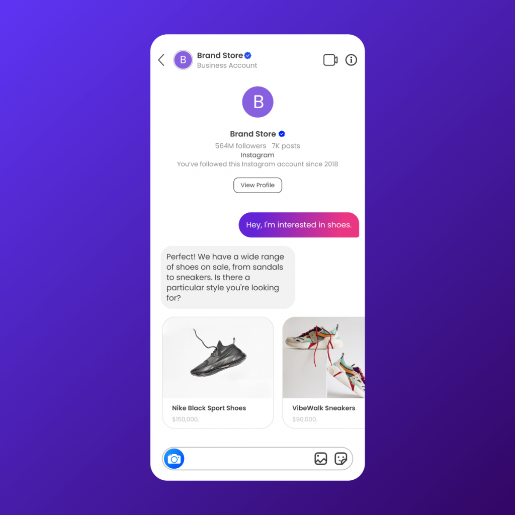Image of an Instagram Direct Message conversation with "Brand Store." A user initiates by saying "Hey, I'm interested in shoes," and the store replies with information about their shoe selection and asks for specific preferences, followed by images of "Nike Black Sport Shoes" and "VibeWalk Sneakers."