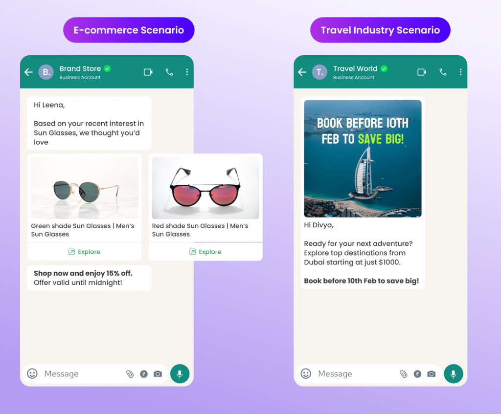 Comparison of two mobile chat interfaces. The left screen shows "Brand Store" sending personalized sunglass recommendations and a 15% discount to "Leena." The right screen shows "Travel World" sending a promotional message to "Divya" about Dubai travel deals with a "Book before 10th Feb" offer.