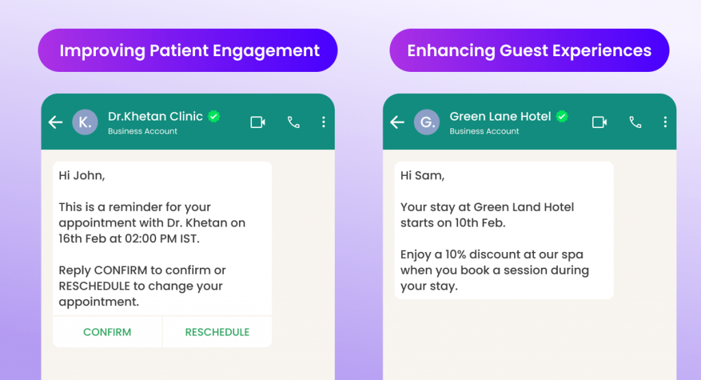 Comparison of two mobile chat interfaces: "Dr. Khetan Clinic" sends "John" an appointment reminder with confirmation and reschedule options; "Green Lane Hotel" offers "Sam" a spa discount during his stay.