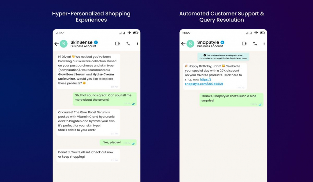 Comparison of two AI-driven customer interactions on mobile screens. The left screen shows "SkinSense" using chat to offer hyper-personalized shopping recommendations, while the right screen displays "SnapStyle" providing automated birthday discounts and resolving customer queries through chat.