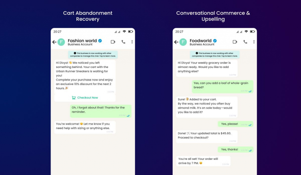 Comparison of two WhatsApp chat interfaces. The left screen shows "Fashion world" using chat to recover a cart with a reminder and discount, while the right screen displays "Foodworld" using chat to confirm a grocery order and offer an upsell.