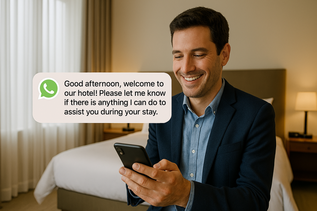 A man in his mid-30s, dressed in a navy blazer and light blue shirt, sits on a hotel bed smiling at his smartphone. A WhatsApp message bubble from Gupshup's hotel concierge AI agent pops out from the screen, displaying a friendly welcome. The modern hotel room is warmly lit by natural sunlight, creating a cozy and inviting atmosphere.