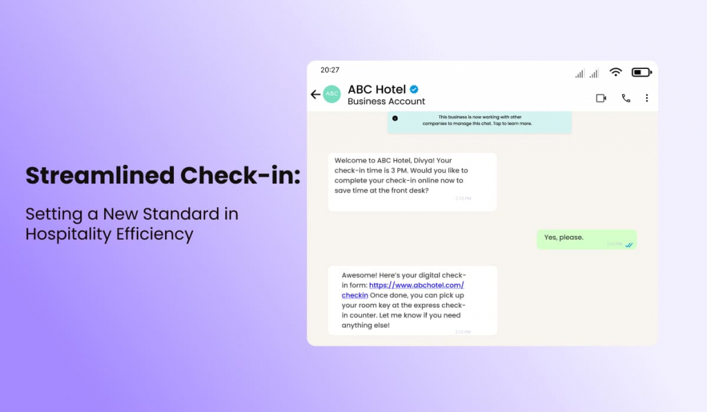 Screenshot of a business messaging conversation showing a hotel providing a digital check-in link to a guest for a faster check-in experience.