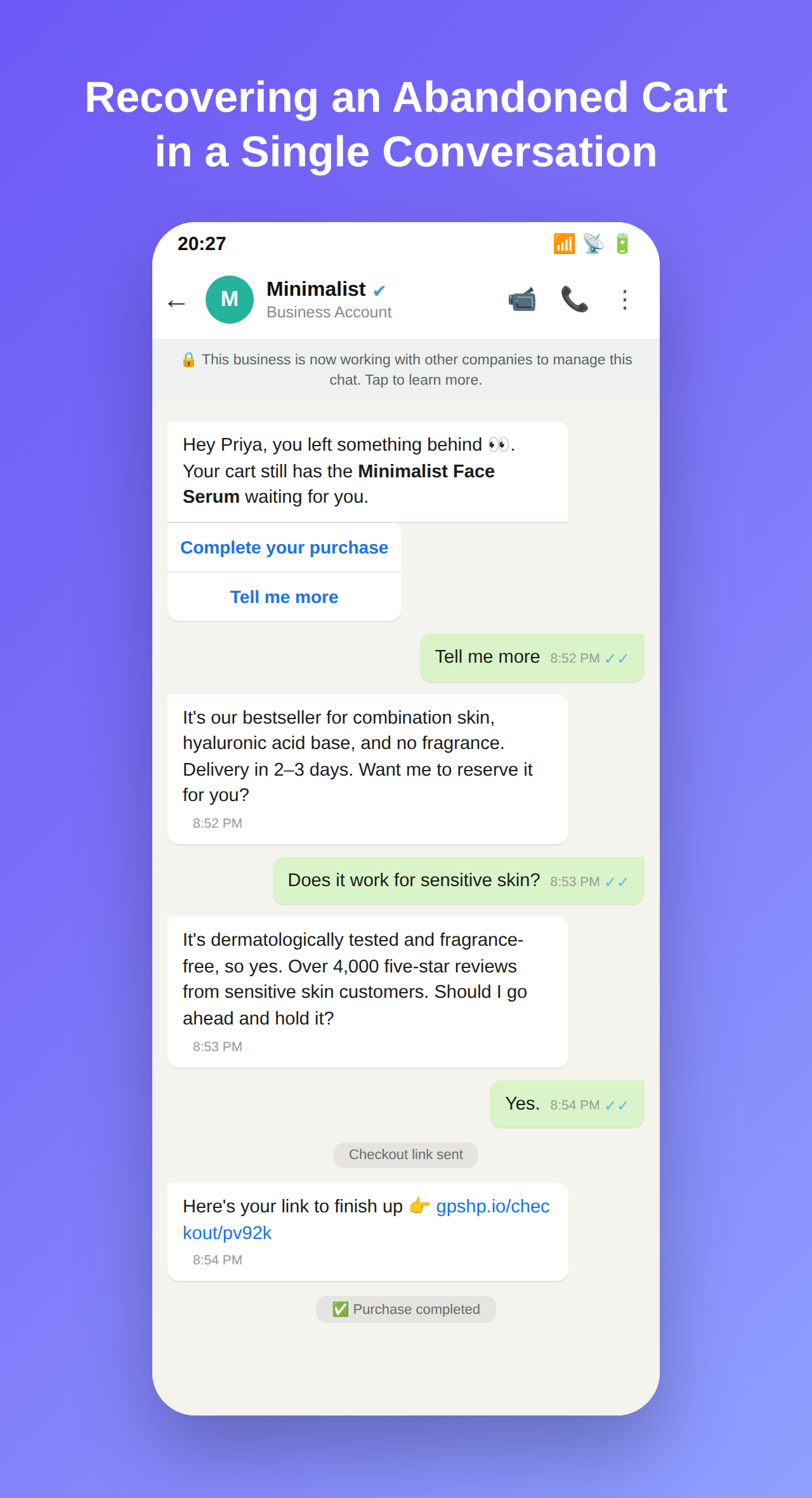 Recovering an abandoned cart in single conversation